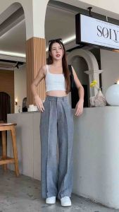 กางเกงขากระบอกใหญ่ ( NoVember long pants ) เอวสูง ดีเทลแต่งหูคู่ กางเกง ขากระบอก