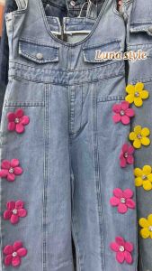 (S-6XL) ชุดเอี๊ยมกางเกงยีนส์ทรงกระบอก เเต่งดอกไม้3D🌼🌸 งาน DIY ทำมือ เป๊ะมาก S-6XL