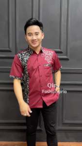 Baju batik pria lengan pendek kombinasi bordir - hem batik keren