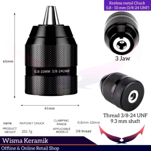 metal Keyless Drill Chuck / Kepala Mesin Bor Tanpa Kunci 0.8 - 10 mm 24UNF M10