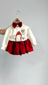 [10-32kg-Tặng buộc tóc]_Sét Áo Nỉ 2 Da Chân Váy Nhung Tăm Bé Gái Noel Bộ bé mặc Giáng Sinh