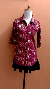 atasan kemeja wanita merah maroon motif mickey COLLEN cewek M kerja kuliah