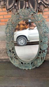 กระจกกรอบไม้ ลายดอกไม้ ทำสี ฟ้า แอนทีค แนว Retro สำหรับกรอบกระจก 60x92x1.5cm แผ่นไม้สัก