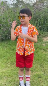 ชุดเซ็ตลายดอกไม้ เด็กผู้ชาย 1 เซ็ต 2 ชิ้น (เสื้อเชิ๊ต+กางเกง)