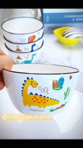 Bộ 4 Chén Sứ Đủ 4 Màu Họa Tiết Khủng Long Dino Dễ Thương 11.5x6cm – Chén Ăn Cơm Gốm Sứ Cao Cấp Dùng Được Lò Vi Sóng Máy Rửa Chén