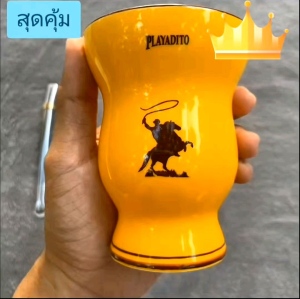 เยอร์บามาเต yerba mate ชุดแก้วชาสไตล์อาร์เจนติน่าจากเซอรามิค พร้อมหลอดสามชิ้นและแปรง