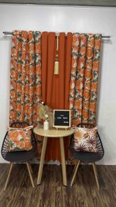 Orange Curtain Printed & Plain Palmera Design with Ring Holes