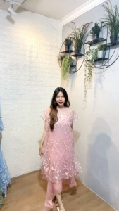 Dress Brokat Pesta Wanita Mewah Elegant Dress Tulle Mutiara Kombi Organza Kekinian Fashion Dress Rumbai Kondangan Nora Zh