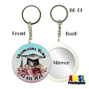 Key Chain Round with Mirror 58mm Graduation Gift Design Customize Personalized with Student Name