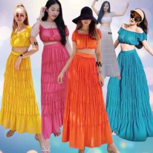 Set 2 ชิ้น เสื้อครอปคอกว้าง + กระโปรงยาวชุดเที่ยวทะเลชิคๆๆ 13071