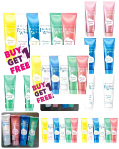 Senka Perfect Whip Beauty Foam tubes in six colors: Fresh White Clay Acne Care Berry Bright and two others. Buy 1 Get 1 Free offer.