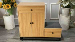 Tủ đựng giày đựng đồ nhiều ngăn cốt gỗ MDF kết hợp ghế ngồi có đệm nỉ với chân kim loại sơn tĩnh điện nhiều màu