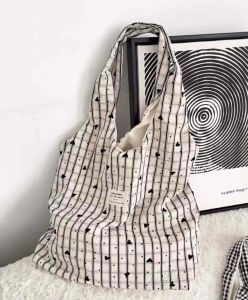 SG Sweet Lazy Style Black White Plaid Heart Tote Bag Casual Commuter Canvas Shoulder Bag