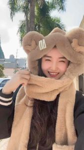 Mũ tai gấu đáng yêu khăn choàng cổ và găng tay bằng vải lông dày phong cách hàn quốc