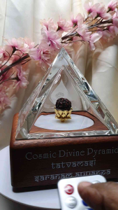 Cosmic Divine Pyramid Saranam Ayyappa Wooden Base Crystal Pyramid Rudraksha bead Spiritual Tool Home Decor