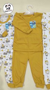 Paket 3 Set Baju Bayi Denzie Seri Mustard Panjang Kancing Bahu Usia 0-12 Bulan Motif Hewan Polos