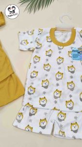 Top 1 DENZIE - Setelan Baju Bayi Seri Mustard Pendek Kancing Bahu Usia 0-12 Bulan Motif Hewan Polos