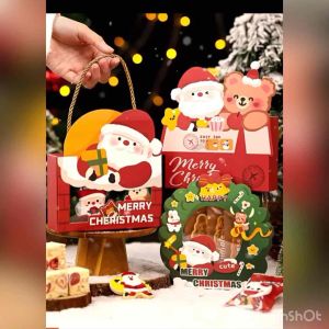 【 Ready Stocks 】2025 5pcs Christmas Wreath Santa Claus Packaging Gift Box 🎁 Cookies snowflake pastry nougat candy packaging box snack gift box cute handbag 圣诞节立体包装盒配饰礼物袋雪人花环小礼品袋场景装饰品