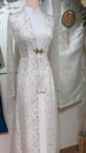 [ SẴN HÀNG - HOẢ TỐC 2H ] SET ÁO DÀI NAM TAFTA ĐÍNH CHỮ HỶ /NỮ LỤA TRẮNG THÊU TAY MẶC CƯỚI HỎI  DẠM NGỎ