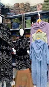 Gamis ibu dan anak Ceruty babydoll printing set hijab usia 1-15 th Rayya