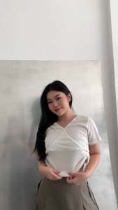 BELLA Baju Atasan Wanita - Crop Top Rajut Basic - Kaos V Neck Rib Polos - Knit Top Tali Serut Samping