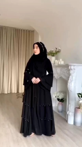 MOANA ABAYA WANITA MUSLIM TERBARU CERUTY MIX PAYET MODEL OUTER MENYATU LEBARAN KONDANGAN MEWAH HITAM