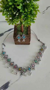 NEW ARRIVALS Beautiful Light Weighted Oxidized Multicolor Bell Choker With Earrings For Female