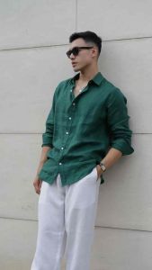 DODEP Áo sơmi nam 100% linen premium tay dài màu xanh thông