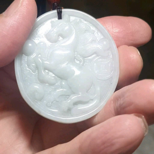 Type A Jadeite light green Horse and Ancient Coin Jade pendant (with certificate) 翡翠淡绿马上有钱(骏马、铜钱)吊坠(带证书)