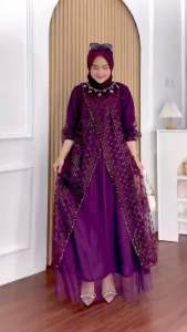 Gamis Terbaru Keyla Dress Bahan Brukat Full Puring Aplikasi Payet Mutiara Cantik