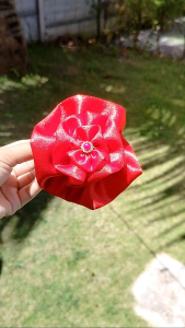 Elegant Red Satin Rose Hair Clip with Gem Center | Handmade by NOVA LEAF