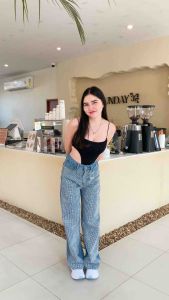 LNBU กางเกงยีนส์ขายาวทรงกระบอก แต่งรีดเพชรแน่นๆๆเพชรเม็ดใหญ่ เล่นแสง S-6XL