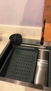 STAINLESS 304 WATERFALL KITCHEN SINK with FAUCET DRAINER and CUP WASHER (INCLUDES FITTINGS (with HOT and COLD hose) CHOPPING BOARD PULL OUT HOSE FAUCET AND DRAINERS)