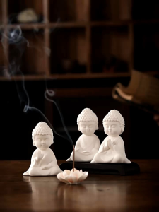 FullSet陶瓷小如来佛像摆件 4件套｜Ceramic Little Buddha Figurine Set｜实木底座+莲花香插+香薰线香｜家居禅意装饰 礼品