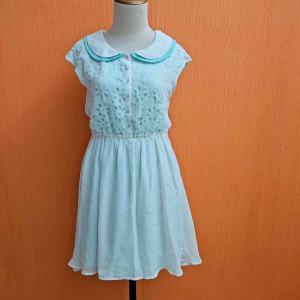 mini midi dress wanita putih hijau muda pastel CACHE CACHE cewek S M lengan pendek berkerah cute pinggang karet