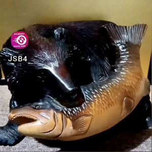 JSB4 JAPAN SURPLUS KIBORI KUMA WOOD CARVED BEAR WITH FISH SCULPTURE