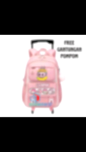 Tas Ransel Troli Anak Labubu Tas Sekolah Anak Perempuan Kapasitas Besar Free Gantungan Pompom Tas Troli Tas Anak