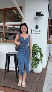 เซ้ทยีนส์2ชิ้น เสื้อสายเดี่ยวซิปหน้า+กระโปรงผ่าหน้า S-2XL