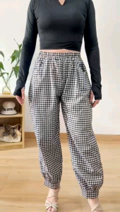 Celana Panjang Jogger Motif Gingham & Geometris Kotak-kotak Square Casual Mode Hiphop Chic Korea Modis Santai Liburan