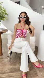 Crop Top เสื้อเกาะอกไหมพรม เกาะอกคล้องคอ เสื้อครอป เกาะอกลายริ้ว