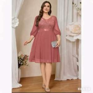 Kaixin002 Plus Deep V-Neck Sequin Lace Contrast Chiffon Bishop Sleeve Formal Party Swing Dress Elegant Prom Semi Formal Wedding Guest Dress For Birthday Graduation Homecoming