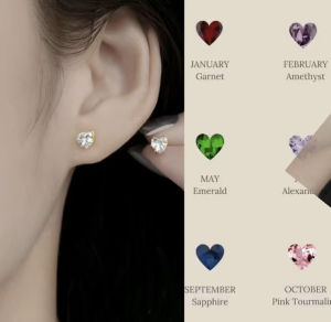 Fashion Heart Birthstone Stud Earrings Garnet Amethyst Emerald Alexandrite Sapphire Pink Tourmaline