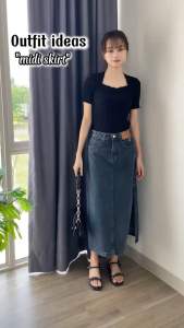 [Beevalue] Rok Midi Jeans Highwaist Bahan Premium Side Split | Rok Jeans Biru Gelap Belah Samping Denim Premium Model Korea Vintage Bestseller (009)