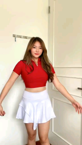 Setelan Rok Rumbai Crop Kerah Merah Putih Untuk senam gym fitness zumba