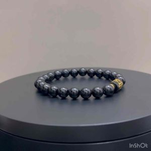 CW Manila - Mantra Stretch Bracelet - 8mm Black Onyx Stones with Mantra Bead and Gold Hematite - Semiprecious Protection Fashion Jewelry