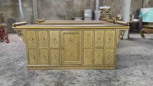 ตู้วางทีวี ขนาดใหญ่ ตู้ไม้แกะสลัก กว้าง 150 x สูง 60 x ลึก 40 cm. (จัดส่งทั้งตู้) ตู้ยา 12 ลิ้นชัก ไม้จามจุรี ผสมไม้เนื้อแข็ง ทำสีทองโบราณ เดินเส้นทอง