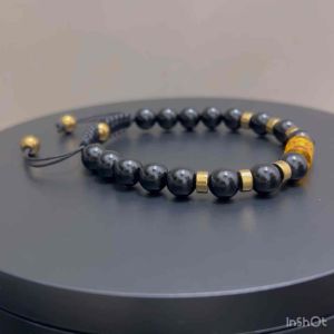 CW Manila - Mantra Bracelet - 8mm Black Onyx Stones with Mantra Bead and Gold Hematite - Semi-precious Adjustable Bracelets Protection Good Luck Prosperity
