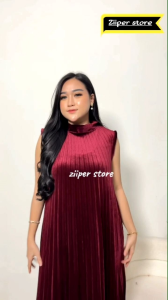Dress Plisket Inner Bludru Premium Tanpa Lengan