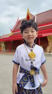 ชุดไทยเด็กผู้ชาย ผ้าพิมพ์ทอง ผ้าดีสีไม่ตก หล่อๆแถมคาดเอว