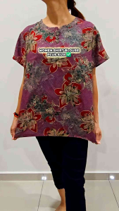 Blue floral print tunic with pink flowers short sleeves loose fit casual wear